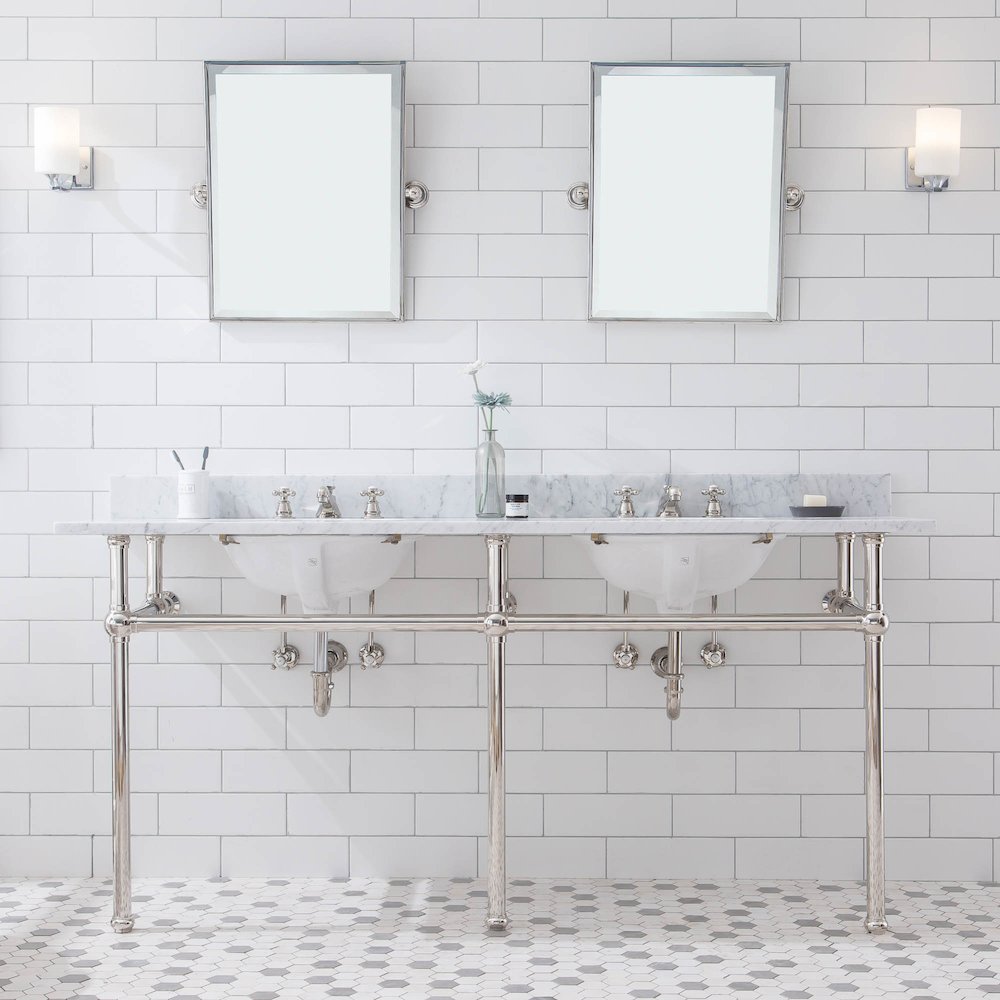 72 In. W. Double Wash Stand, P-Trap, Carrara White Marble Countertop