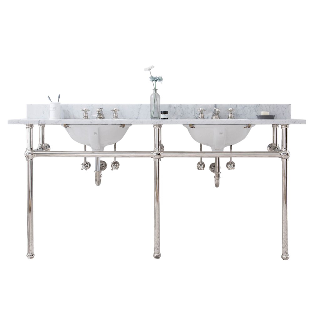 72 In. W. Double Wash Stand, P-Trap, Carrara White Marble Countertop