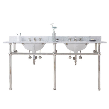 72 In. W. Double Wash Stand, P-Trap, Carrara White Marble Countertop
