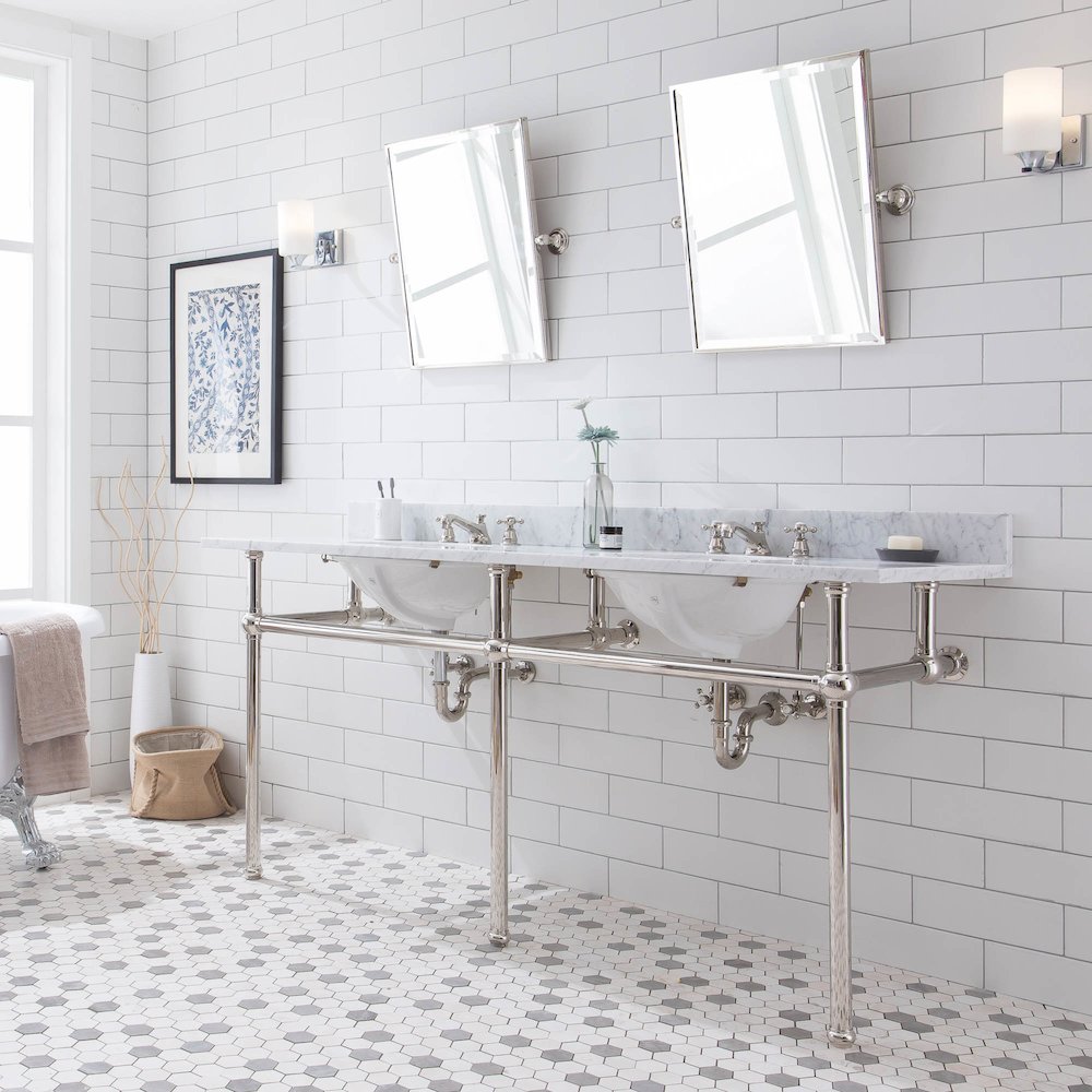 72 In. W. Double Wash Stand, P-Trap, Carrara White Marble Countertop