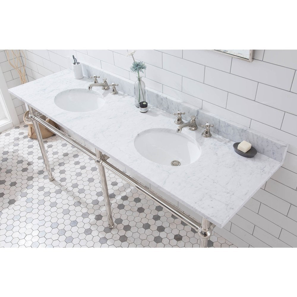 72 In. W. Double Wash Stand, P-Trap, Carrara White Marble Countertop