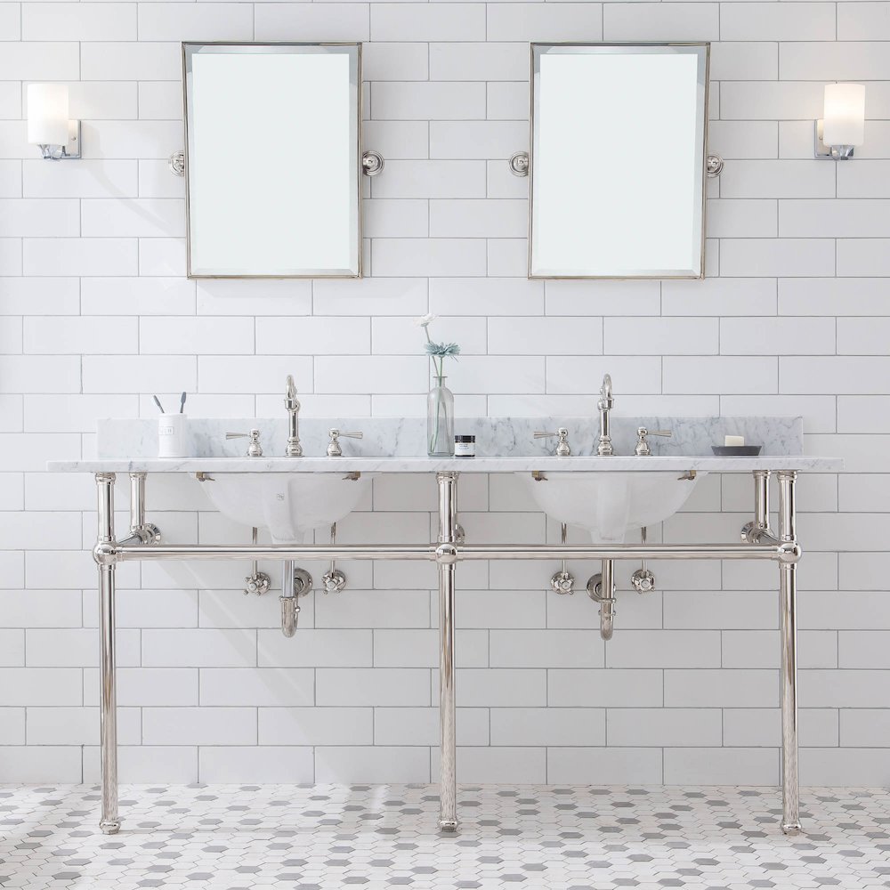 72 In. W. Double Wash Stand, P-Trap, Carrara White Marble Countertop