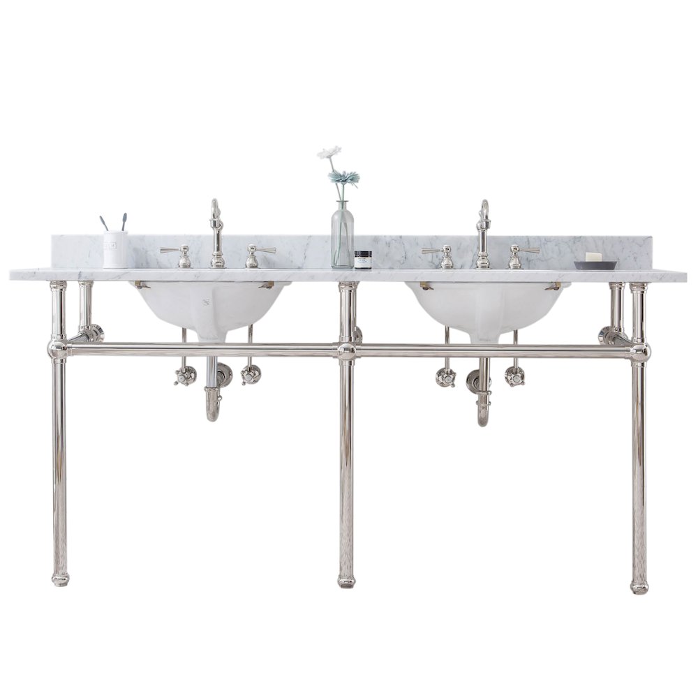 72 In. W. Double Wash Stand, P-Trap, Carrara White Marble Countertop