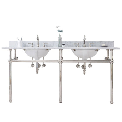 72 In. W. Double Wash Stand, P-Trap, Carrara White Marble Countertop