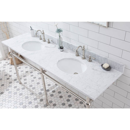 72 In. W. Double Wash Stand, P-Trap, Carrara White Marble Countertop