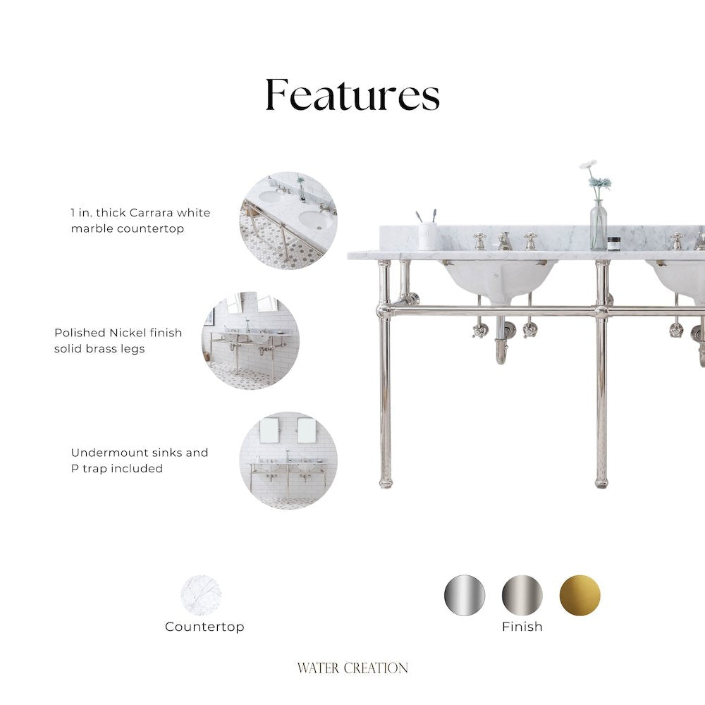 72 In. W. Double Wash Stand, P-Trap, Carrara White Marble Countertop