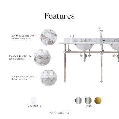 72 In. W. Double Wash Stand, P-Trap, Carrara White Marble Countertop
