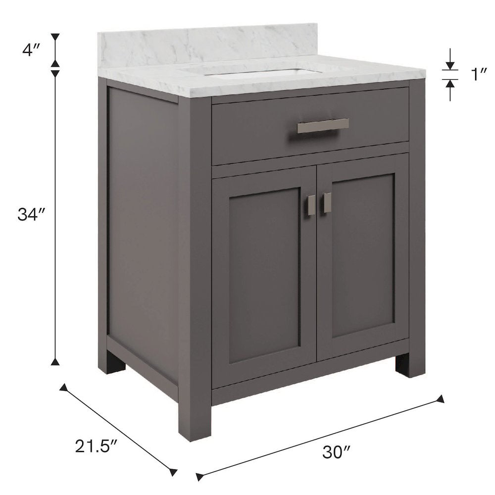 Madison 30 In. Single Sink Carrara White Marble Countertop Bath Vanity
