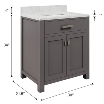 Madison 30 In. Single Sink Carrara White Marble Countertop Bath Vanity