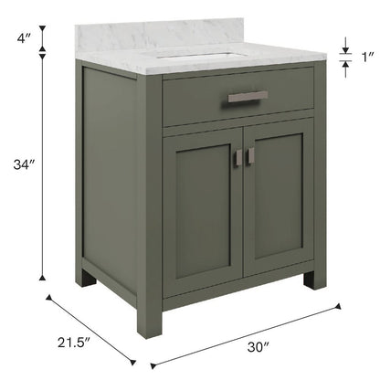 Madison 30 In. Single Sink Carrara White Marble Countertop Bath Vanity