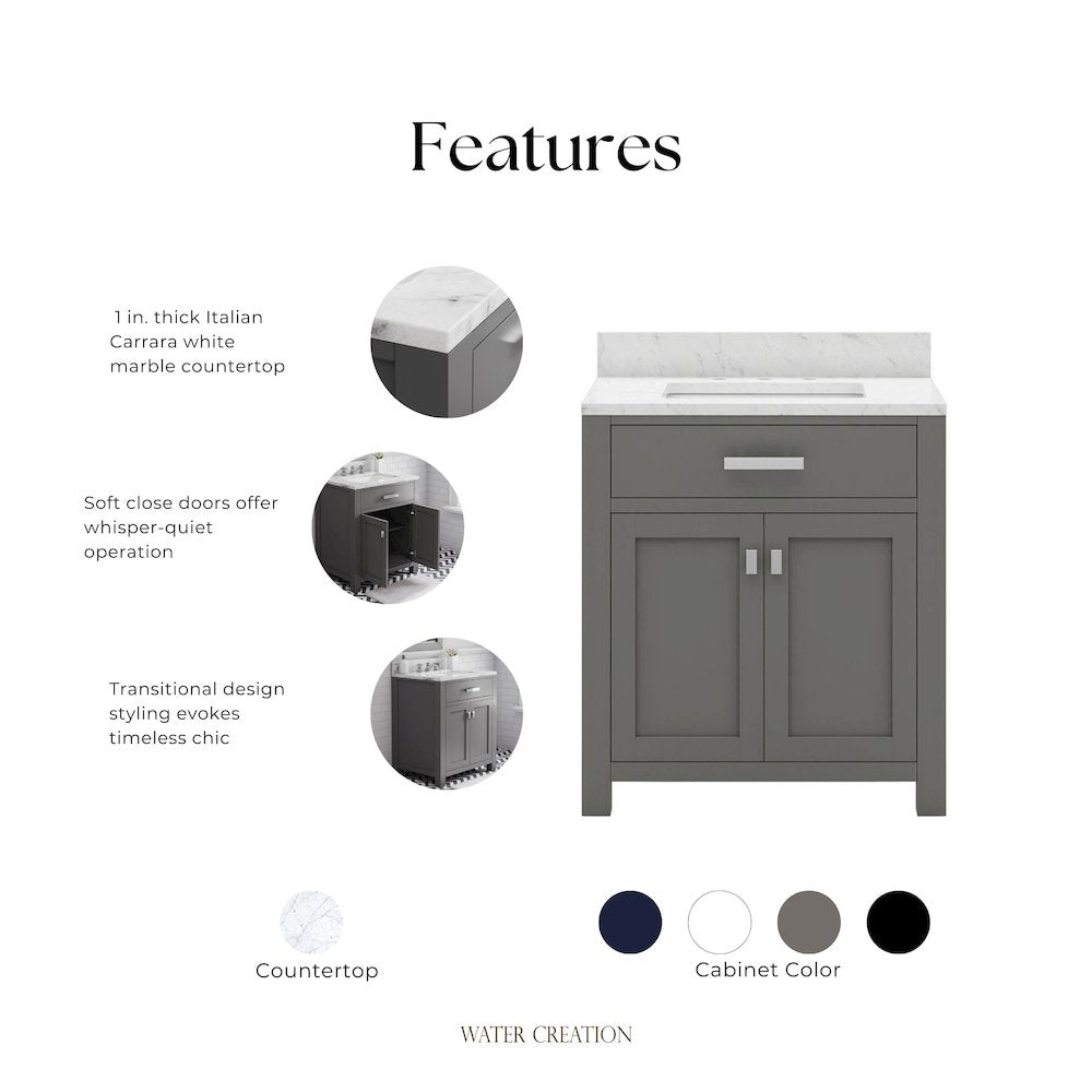 Madison 30 In. Single Sink Carrara White Marble Countertop Bath Vanity