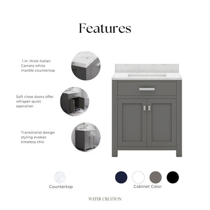 Madison 30 In. Single Sink Carrara White Marble Countertop Bath Vanity