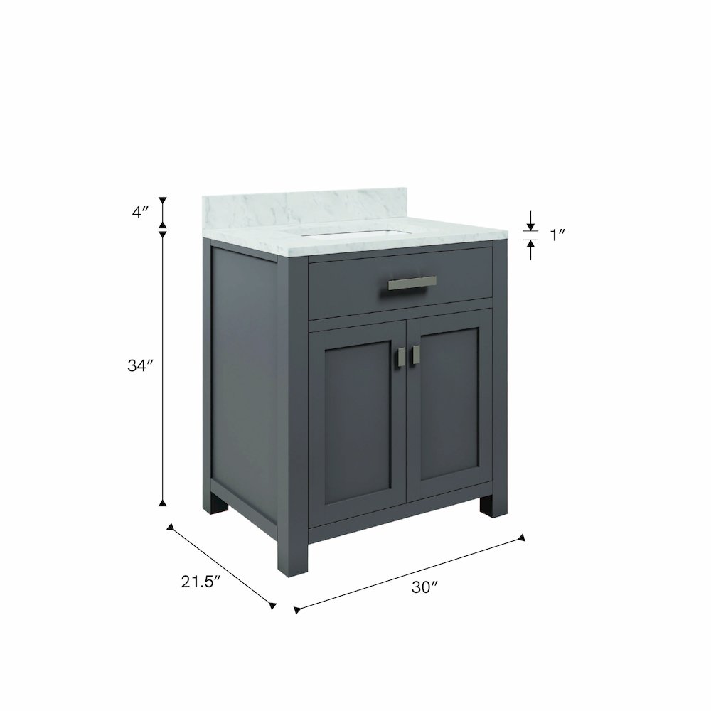 Madison 30 In. Single Sink Carrara White Marble Countertop Bath Vanity