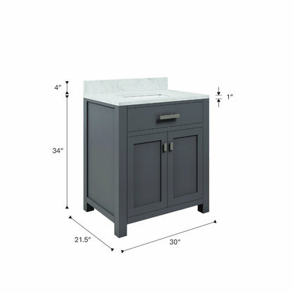 Madison 30 In. Single Sink Carrara White Marble Countertop Bath Vanity