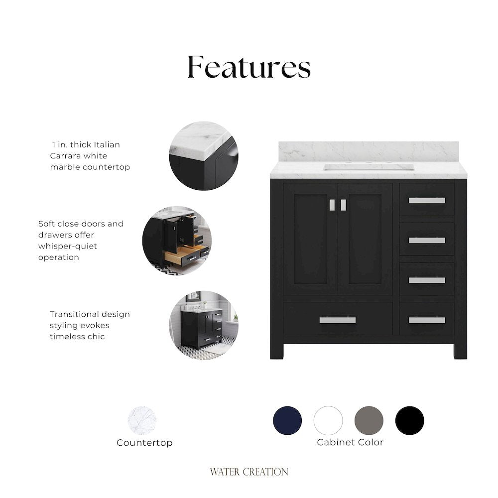Madison 36 In. Single Sink Carrara White Marble Countertop Bath Vanity