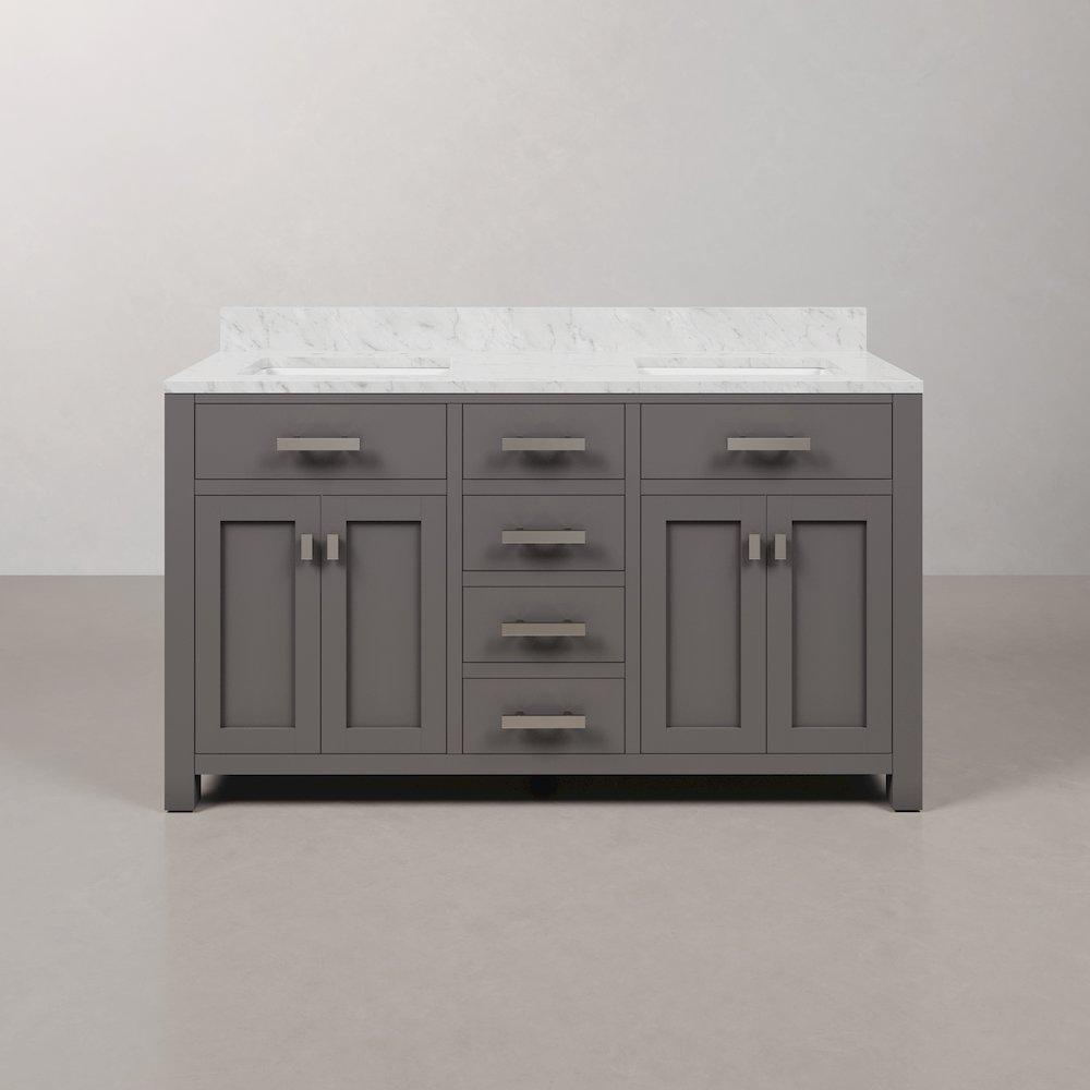 Madison 60 In. Double Sink Carrara White Marble Countertop Bath Vanity