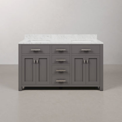 Madison 60 In. Double Sink Carrara White Marble Countertop Bath Vanity