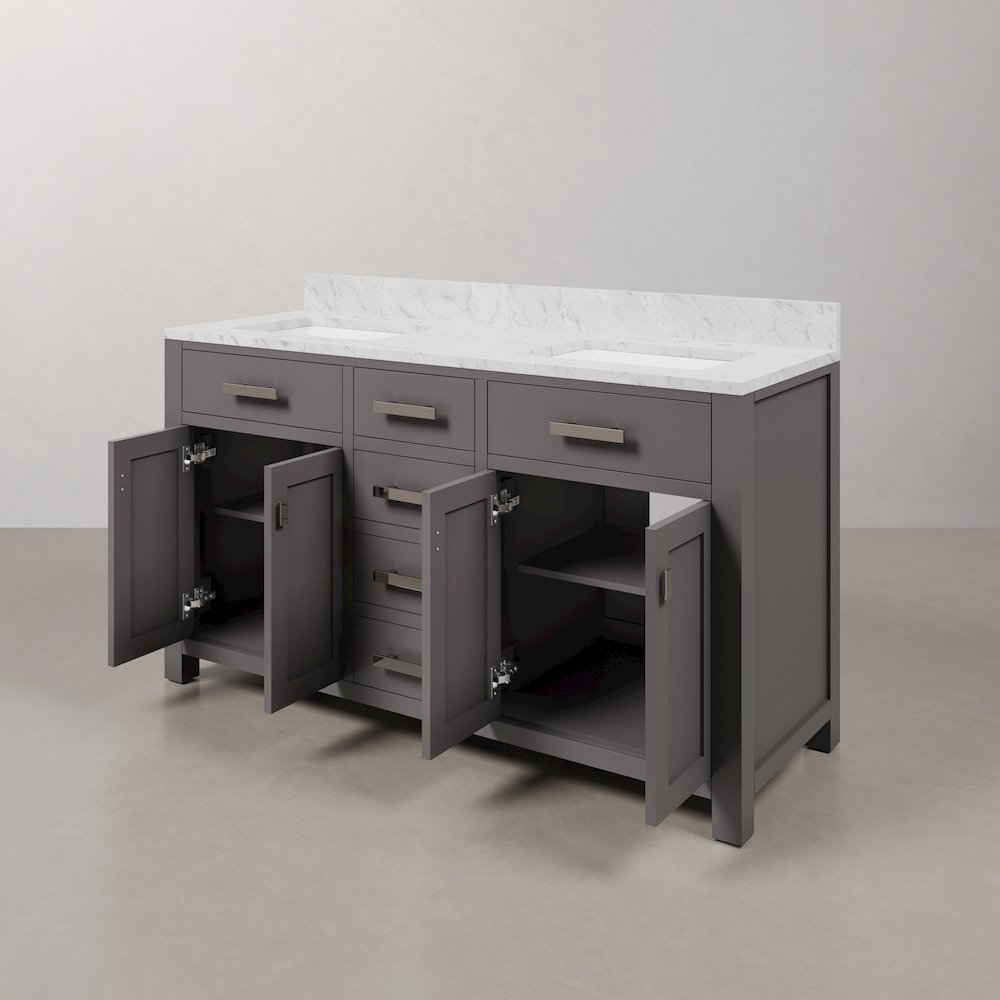 Madison 60 In. Double Sink Carrara White Marble Countertop Bath Vanity