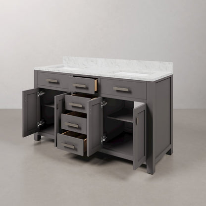 Madison 60 In. Double Sink Carrara White Marble Countertop Bath Vanity