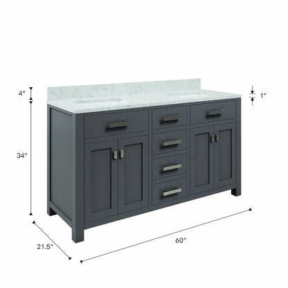 Madison 60 In. Double Sink Carrara White Marble Countertop Bath Vanity
