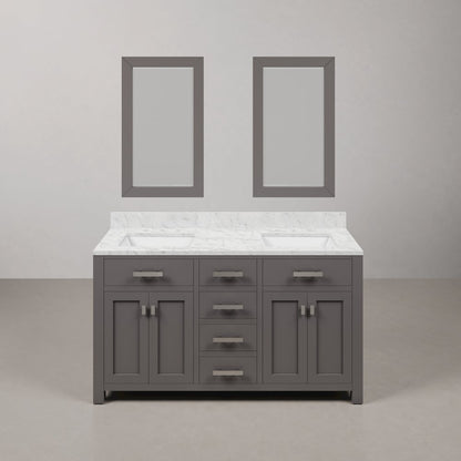 Madison 60 In. Double Sink Carrara White Marble Countertop Bath Vanity