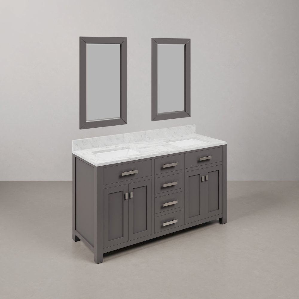 Madison 60 In. Double Sink Carrara White Marble Countertop Bath Vanity