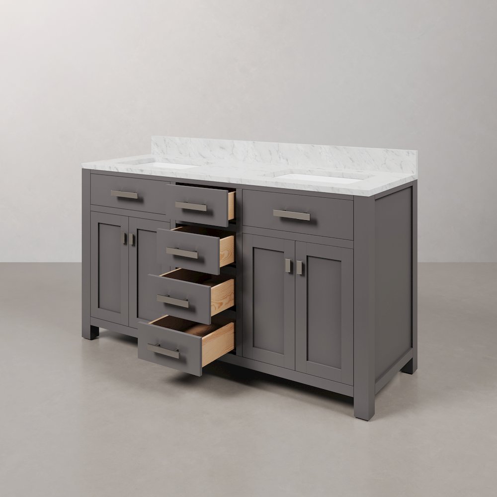 Madison 60 In. Double Sink Carrara White Marble Countertop Bath Vanity