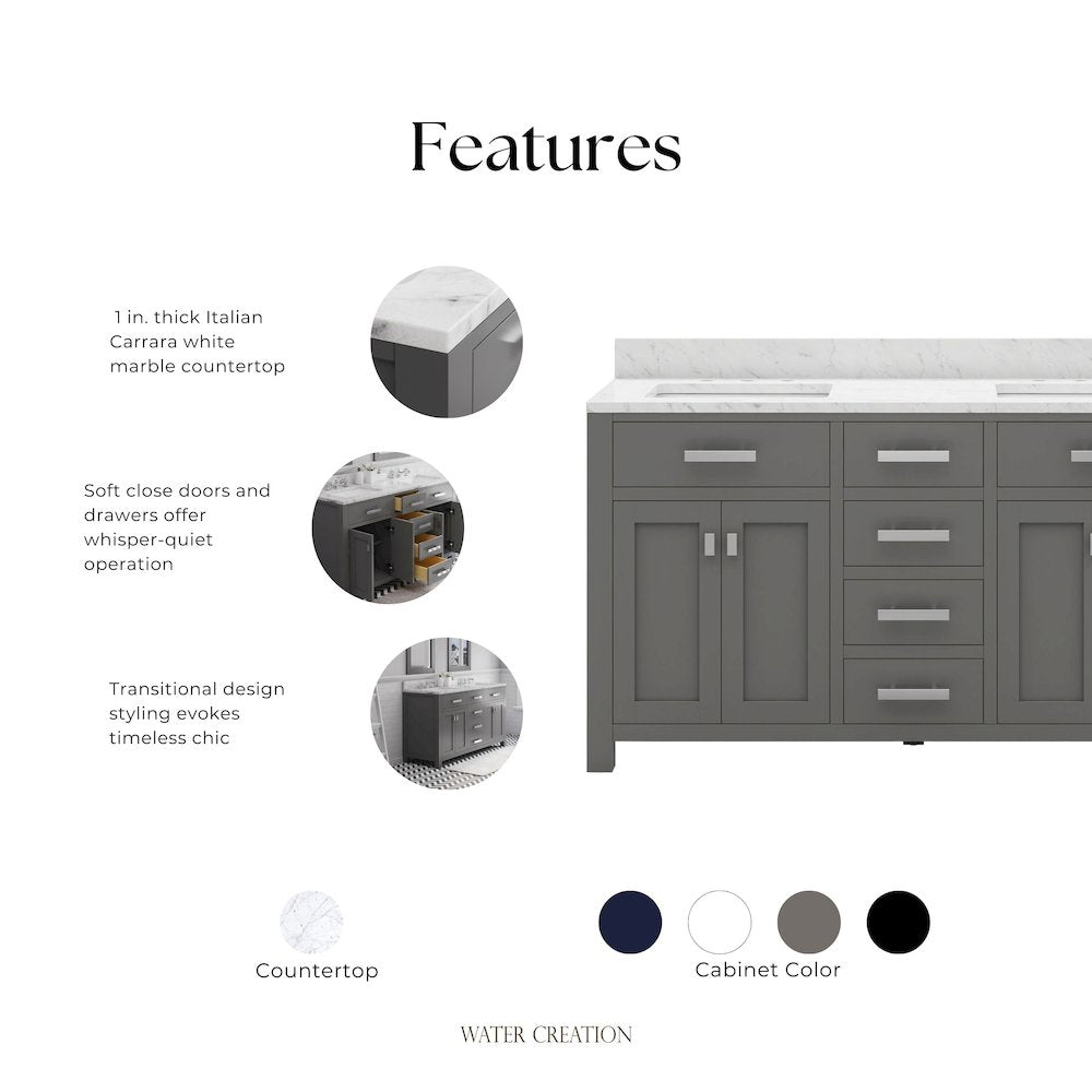 Madison 60 In. Double Sink Carrara White Marble Countertop Bath Vanity