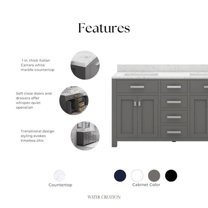 Madison 60 In. Double Sink Carrara White Marble Countertop Bath Vanity
