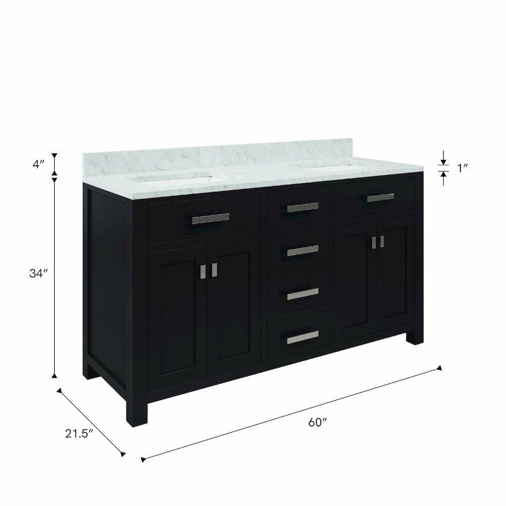 Madison 60 In. Double Sink Carrara White Marble Countertop Bath Vanity
