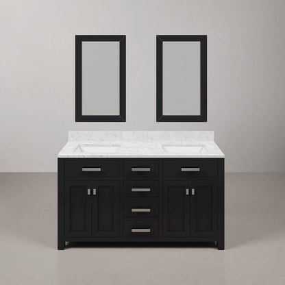 Madison 60 In. Double Sink Carrara White Marble Countertop Bath Vanity