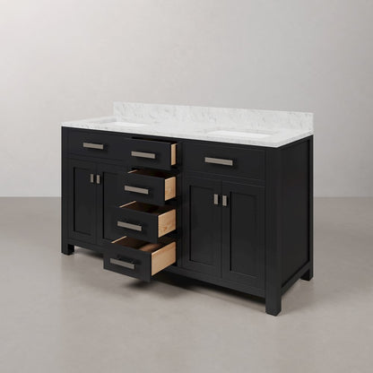Madison 60 In. Double Sink Carrara White Marble Countertop Bath Vanity