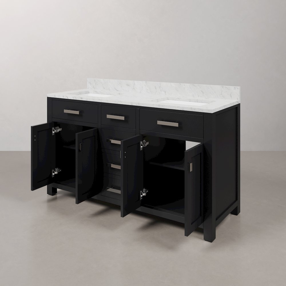 Madison 60 In. Double Sink Carrara White Marble Countertop Bath Vanity