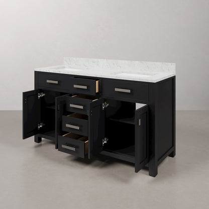 Madison 60 In. Double Sink Carrara White Marble Countertop Bath Vanity