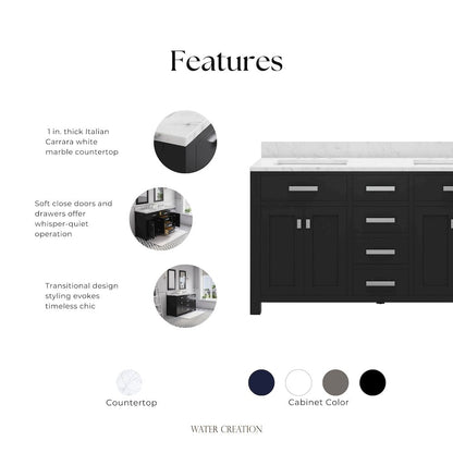 Madison 60 In. Double Sink Carrara White Marble Countertop Bath Vanity