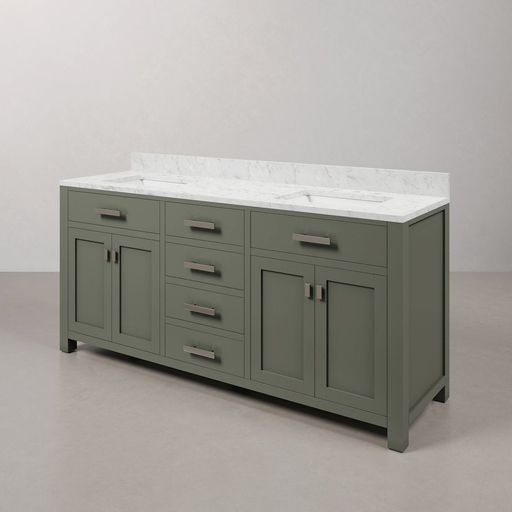 Madison 72 In. Double Sink Carrara White Marble Countertop Bath Vanity