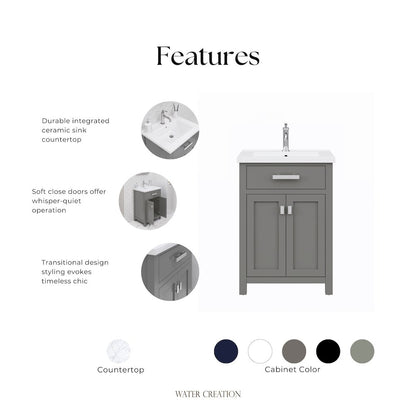 Myra 24 In. Integrated Ceramic Sink Top Bath Vanity in Cashmere Grey