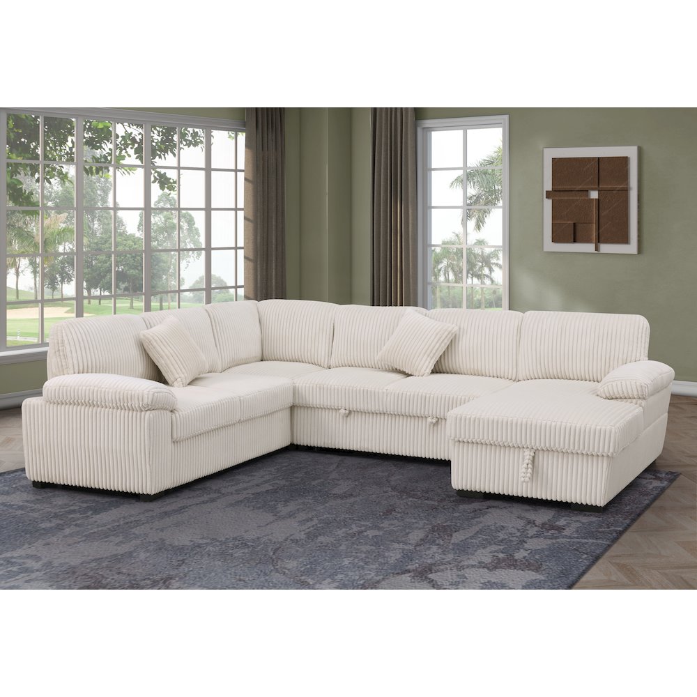 4 Piece Upholstered Corduroy Sleeper Sectional Sofa With Storage Chaise