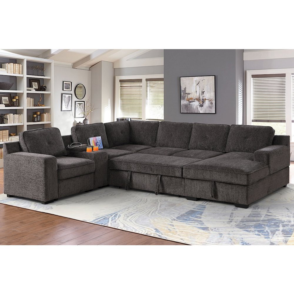 U-Shaped Upholstered Sectional with Sleeper Sofa, Console with USB & Chaise