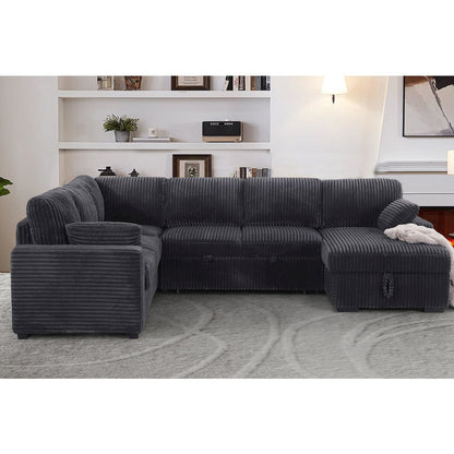 Oversized Upholstered Corduroy Sleeper Sectional Sofa With Storage Chaise