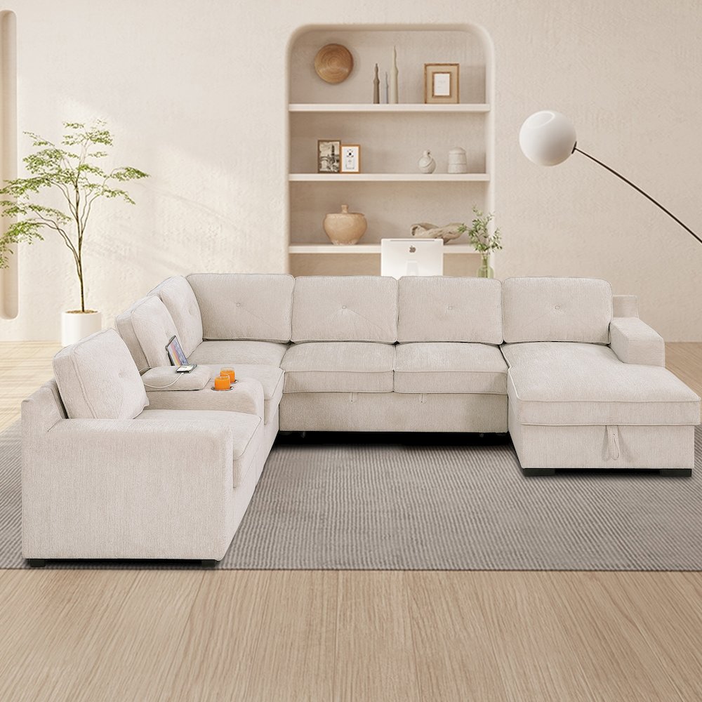 U-Shaped Upholstered Sectional with Sleeper Sofa, Console with USB & Chaise