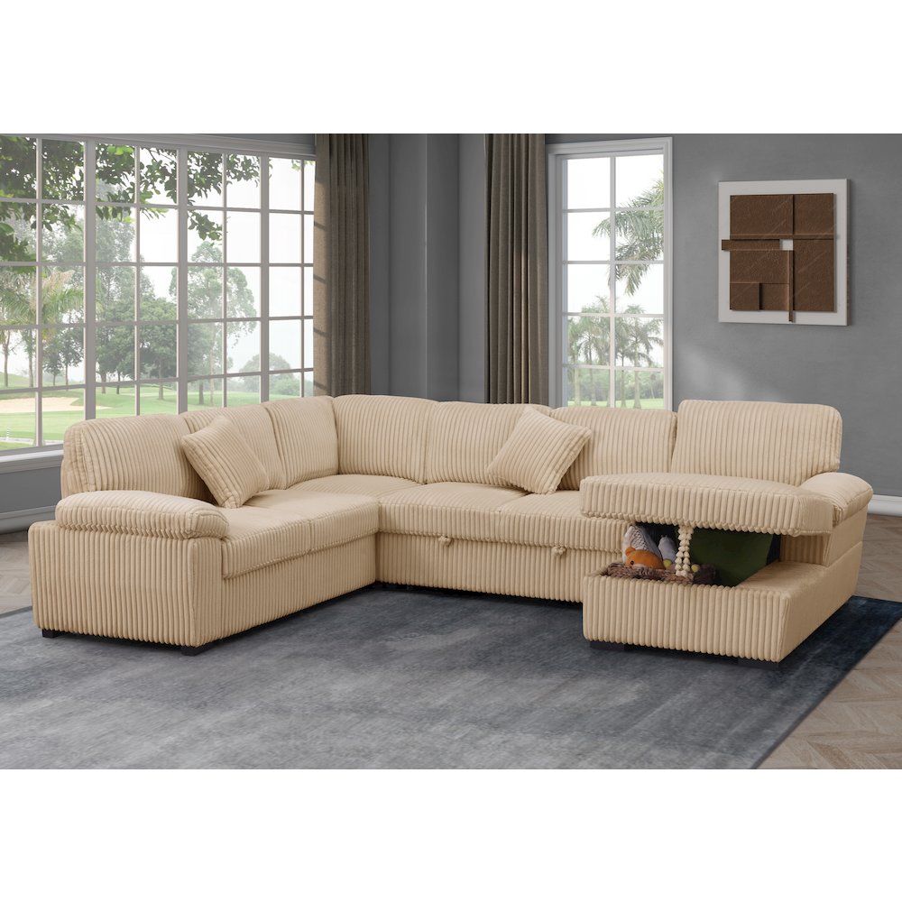 4 Piece Upholstered Corduroy Sleeper Sectional Sofa With Storage Chaise