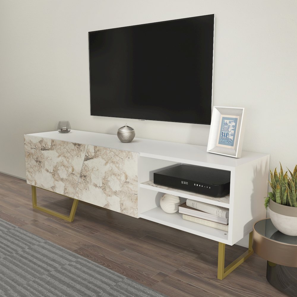 Denasse Tv Stand White Ephesus Marble Gold