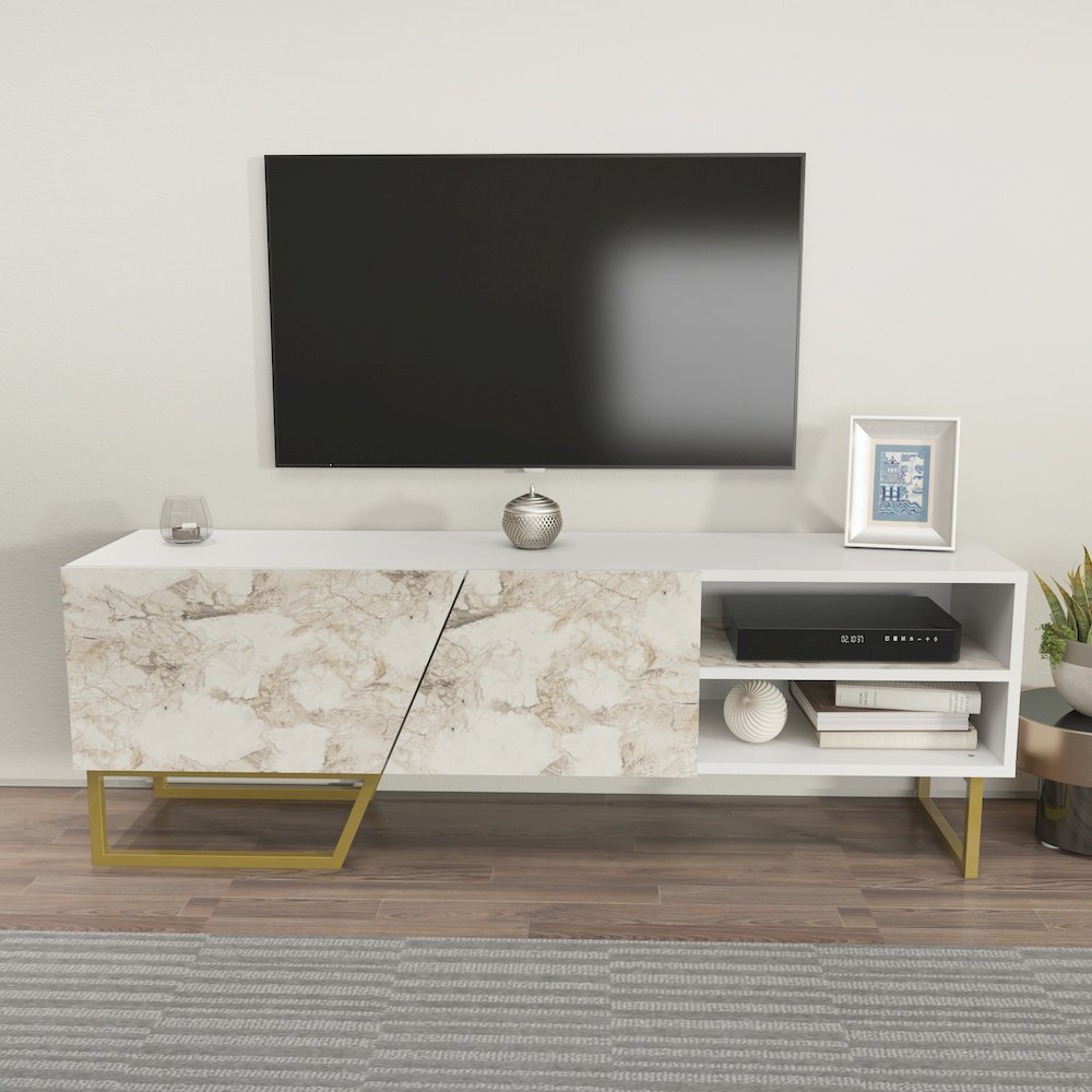 Denasse Tv Stand White Ephesus Marble Gold