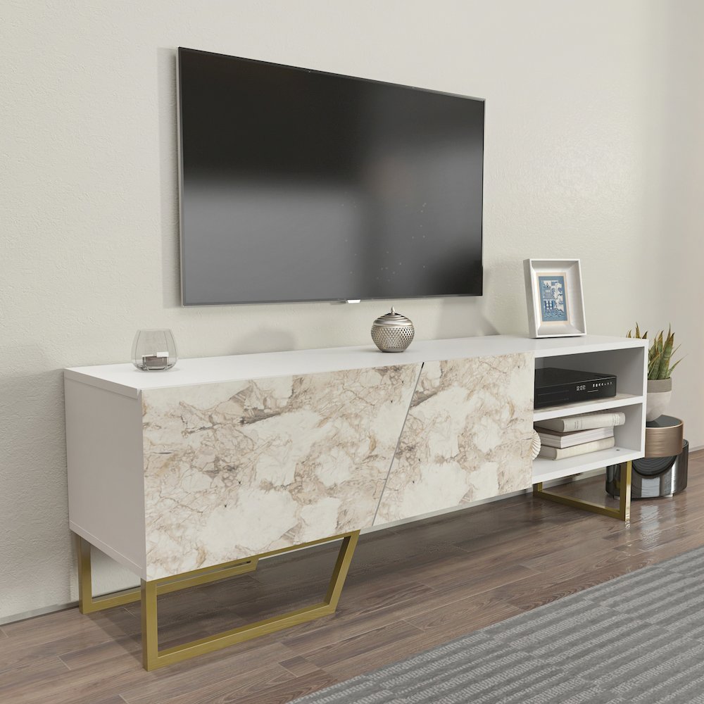 Denasse Tv Stand White Ephesus Marble Gold