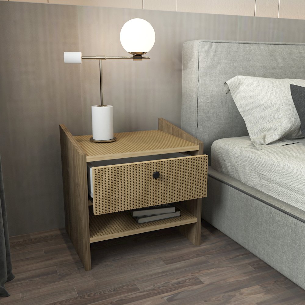 Berlin Nightstand Oud Oak Rattan Pattern