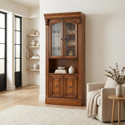 Brown 32 Inch Glass Door Cabinet with Traditional English Library Style