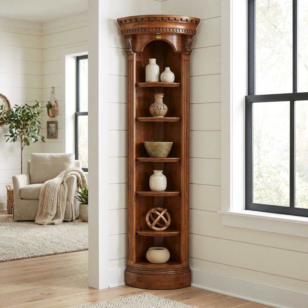 Traditional English Library Corner Bookcase in Warm Brown Finish, Easy Assembly