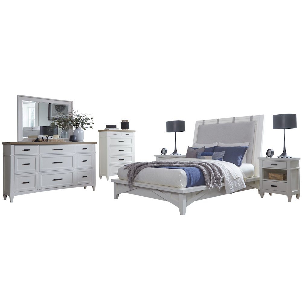 Modern Bedroom King Platform Bed 2 Nightstands Dresser with Mirror and Chest