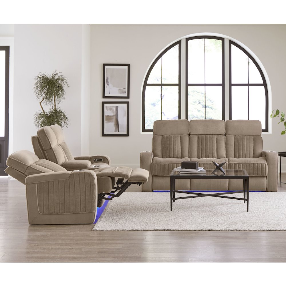 Equinox Mushroom Power Reclining Sofa with Drop Down Table